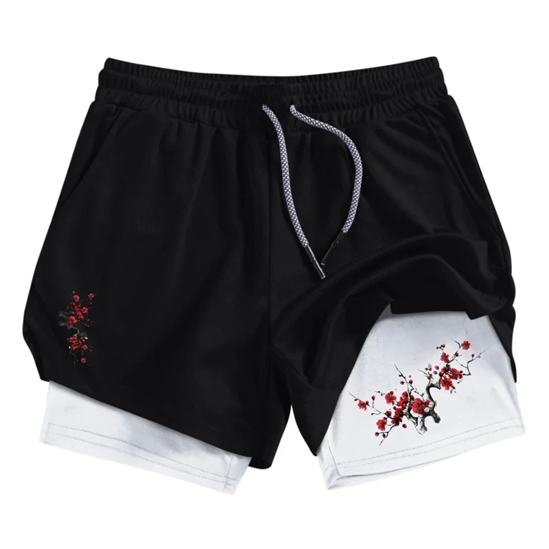 Blossom Print 2 in 1 Performance Shorts for Men Athletic Quick Dry Shorts with Phone Pocket Summer Gym Workout Running Shorts