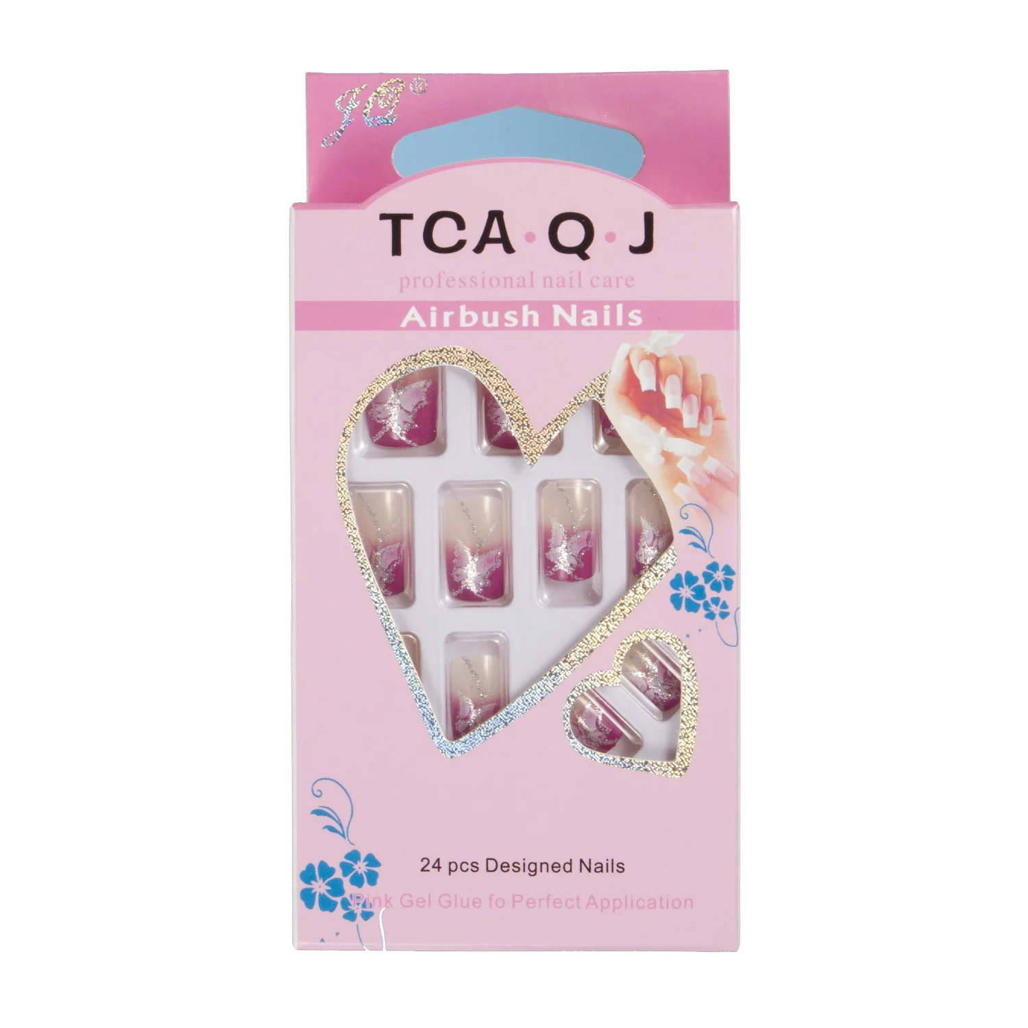 Rose Red Butterfly Glitter Painting Work Press On Nep Nail Tips 24Pcs 1 Box Stick Op Valse Nail Tips Met Design Vierkante Vorm