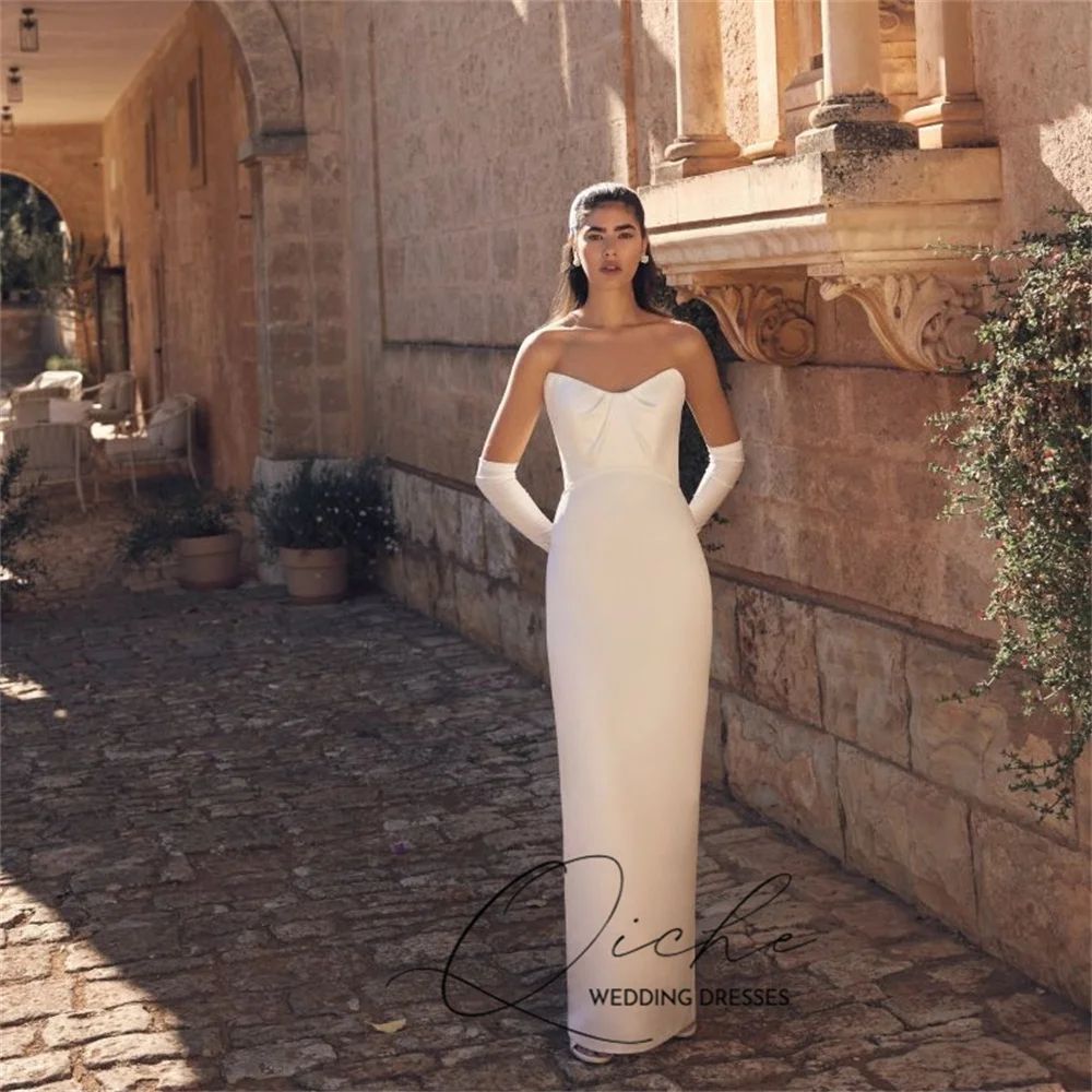 QICHE Simple Sheath V-Neck Wedding Dresses Women Satin Pleat Sleeves Open Back Bridal Party Gowns Vestidos De Noiva Customized
