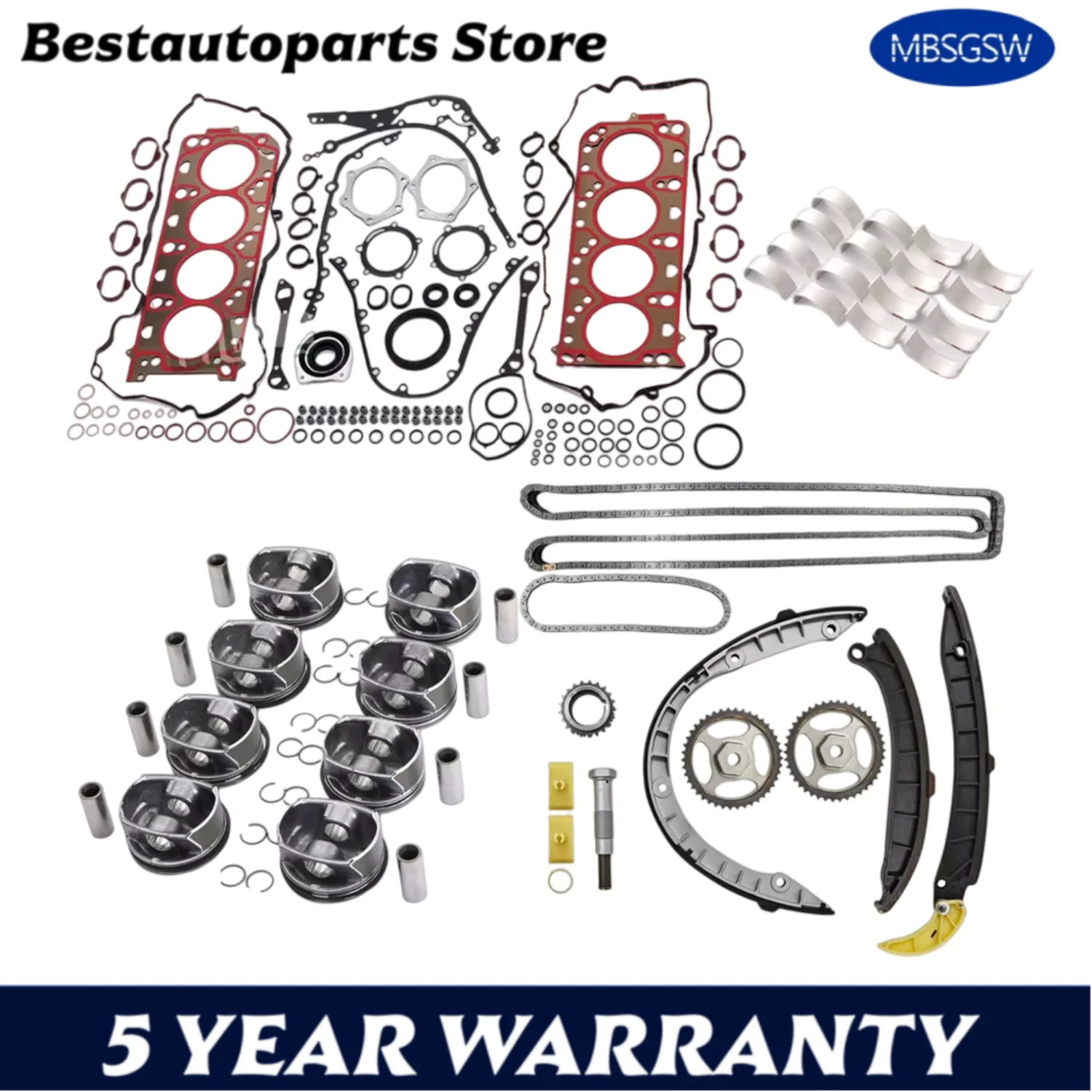 Kit de corrente de distribuição para reconstrução de motor, conjunto completo de rolamento de pistão, ajuste 4.8 l v8 gás m48 para 08-18 porsche cayenne panamera gts 4.8l
