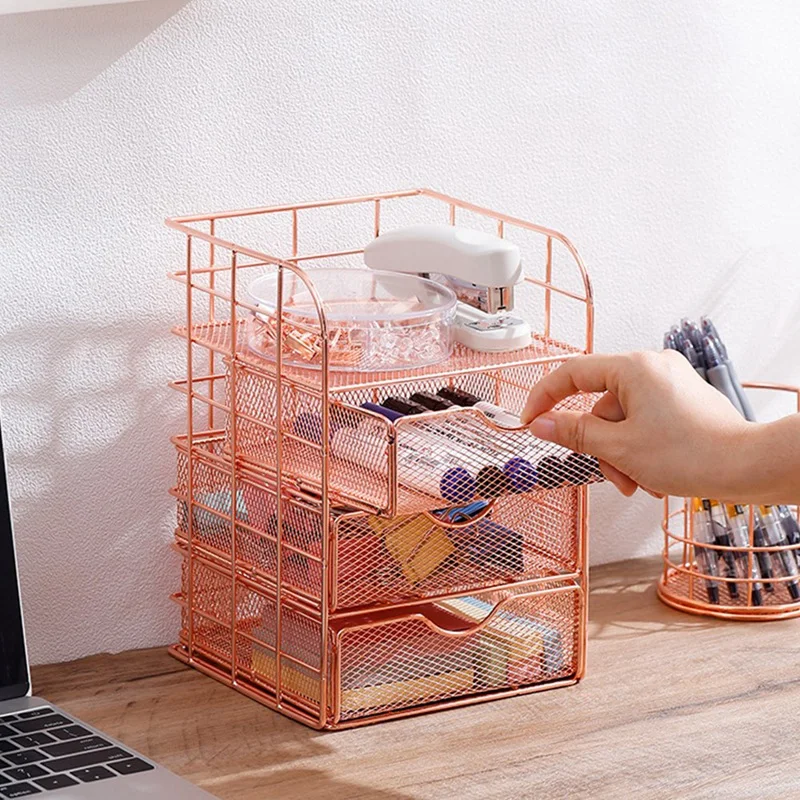 2 Pcs Rose Gold Desk Storage Box Creative Desktop Shelf With Drawer And Metal Mesh Pen Holder For Office School And Home