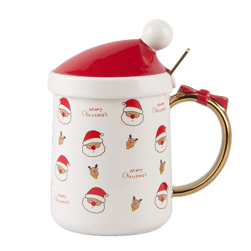 400Ml Christmas porcelain water cup Santa hat cup Christmas ceramic cup with lid spoon