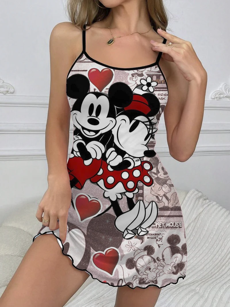 Minnie Mouse Slip Dress Fashion Summer Dresses 2024 Lettuce Trim Crew Neck Pajama Skirt Elegant Chic Dress Disney Women Mini