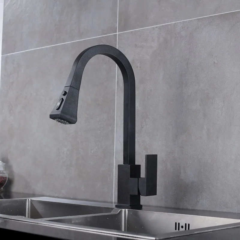 

Copper matte black kitchen sink with pull-out faucet, household rotating hot and cold faucet