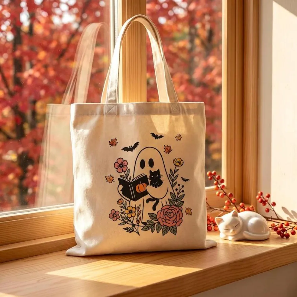 Halloween Tote Bag Ghost Cat Reading Book Floral Graphic Cute Spooky Season Autumn Fall Reusable Shopping Bag Gift