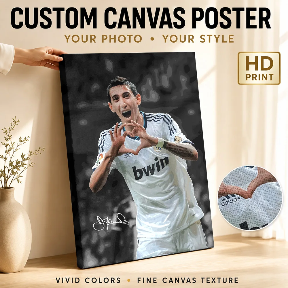 Football Player Angel Di Maria Heart Gesture Canvas Print Poster Customized Sports Portrait Canvas Wall Art for Man Cave Decor