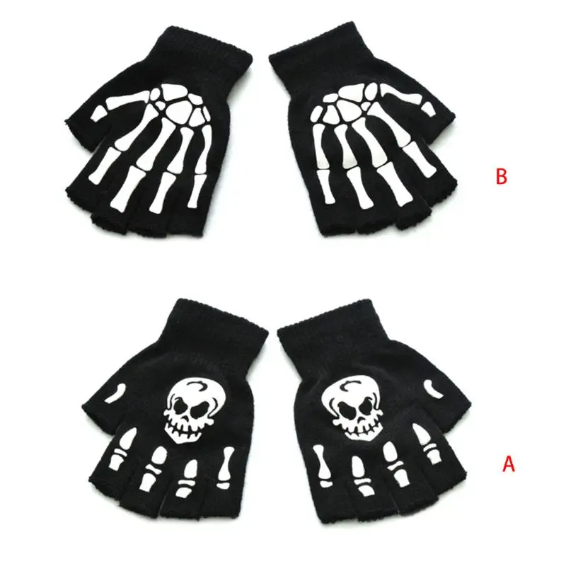 

652F Toddler Kids Halloween Cosplay Skeleton Skull Half Finger Gloves Glow in the Dark Luminous Fingerless Winter Mittens