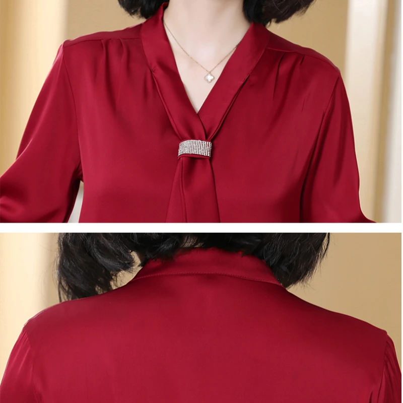 Satin Women Blouse Korean Fashion Ribbon Women Shirt Long Sleeve Red Tops Women 2024 New Silk Female Clothing Shirts for Women