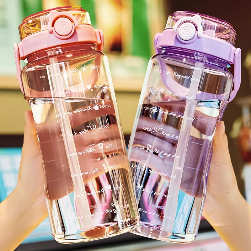 大容量プラスチック製ウォーターカップ、耐熱二重飲み口、女性向け、夏用ビッグベリーカップ、ストロー付き