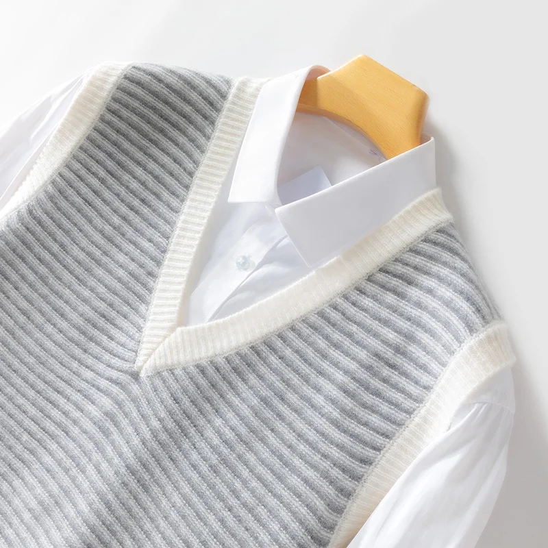 Autumn And Winter 100% Pure Wool Men's V-neck Vest Striped Sweater Business Casual Wool Knitted Bottoming Shirt