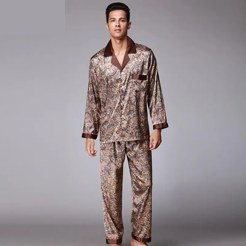 New Luxury Pajamas Men Paisley Pattern Sleepwear Silk Long-sleeved Satin Mens Pyjamas Men\'s Lounge Pajamas Set Plus Size 4XL