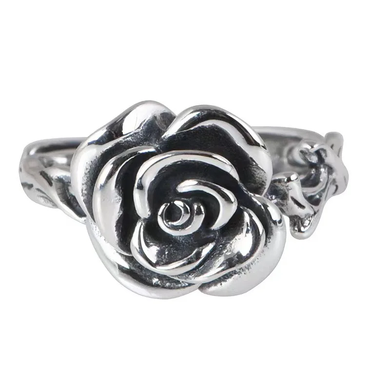 

Fashion Lady S925 Ring Adjustable Vintage Relief Rose Flower Women Jewelry Gift For Girlfriend