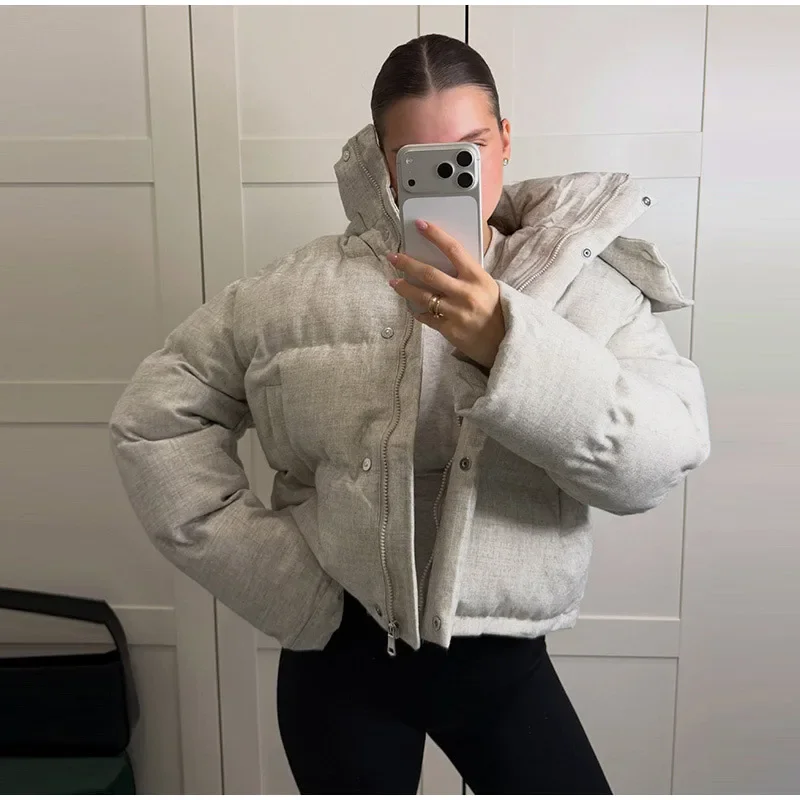 Winter Women's Cropped Padded Coats Hooded Stand Zip-up Full Sleeve Short Puffy Cotton Jacket 2026 Warm Casual Solid Outwear