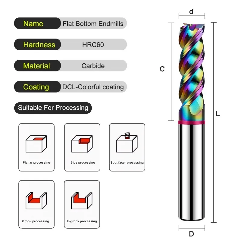 WOY 3-Flute Colorful Coating Tungsten Steel Carbide Aluminum Flat Bottom Endmills CNC Machining Milling Cutter TGP-HRC60