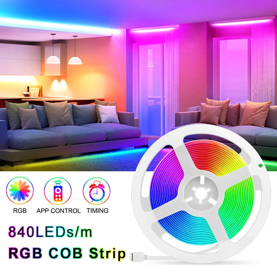 Tuya WIFI Cob listwy RGB LED 24V 840 LEDs/m Smart Bluetooth zdalnie przyciemniany taśma Led RGB zmiana kolorów pokoju oświetlenie dekoracyjne