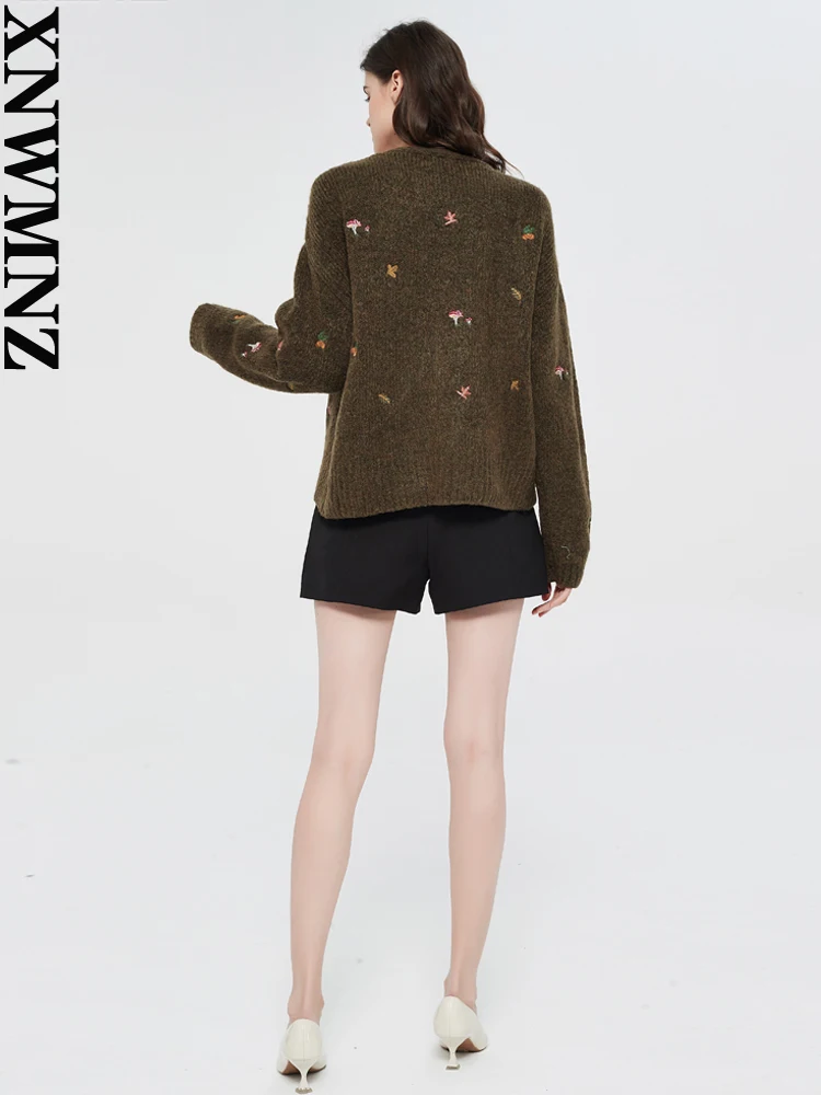 XNWMNZ women Vintage knit cardigan with embroidery Long sleeves V-neck ribbed trims Cardigan Female Elegant sweater Outerwear