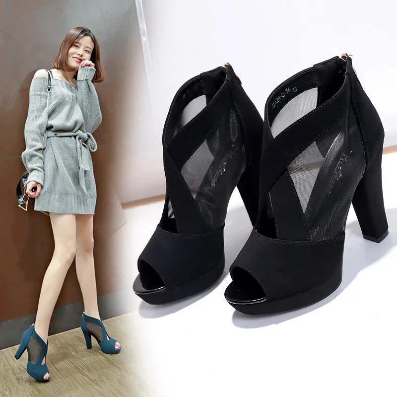 2024 Summer Women High Heel Shoes Mesh Breathable Pomps Zip Pointed Toe Thick Heels Fashion Female Dress Shoes Elegant Footwear