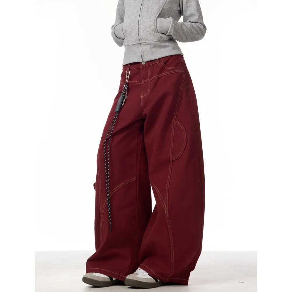 Womens Cotton Denim Cargo Pants Spring Autumn High Waist Relaxed Straight Chinese Style Curved Knife Design Floor Length Pants