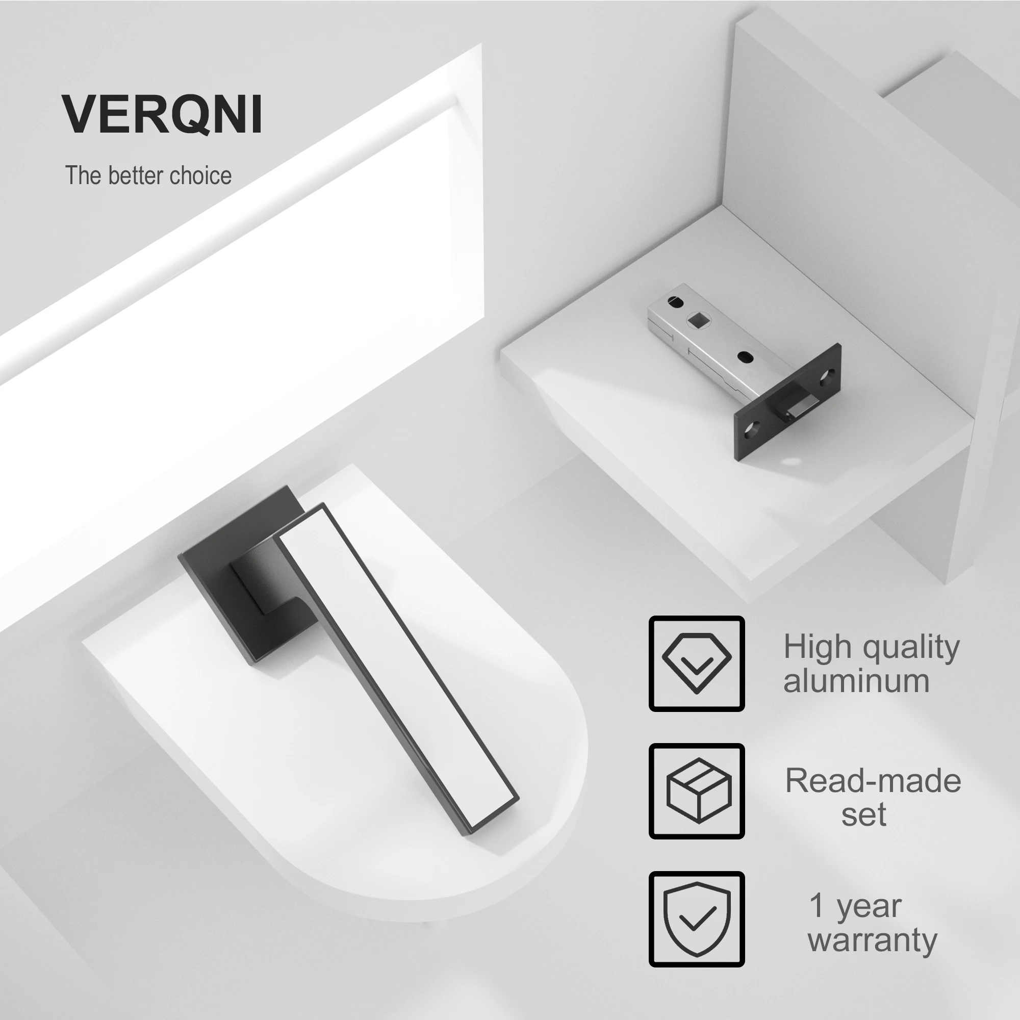 Minimalist Matte Black Mute Rectangle Modern Aluminium  Door Handle Lock HRAW-256