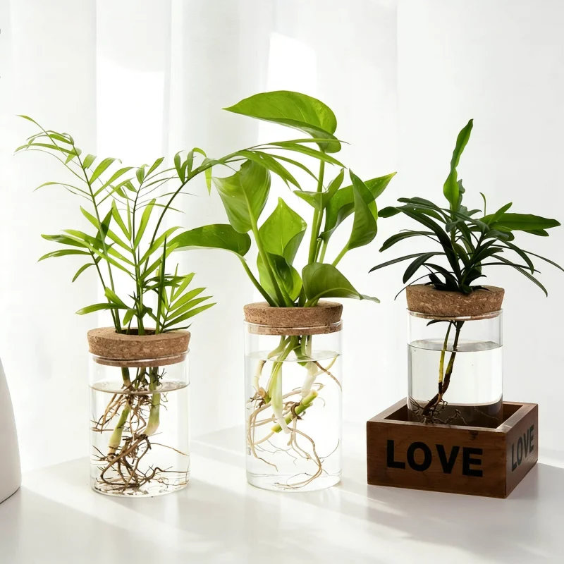 Transparente Glas-Hydrokultur-Vase 1-2 für Zuhause und Büro, Behälter für Pflanzenwurzeln, Desktop-Dekoration und Ornament