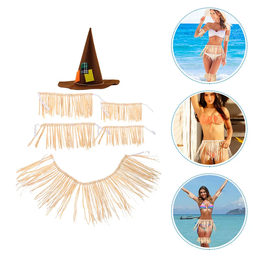 グラススカート 5 点セット ハワイアン ファンシー ドレス スカート パーティー ラフィア ルアウ 衣装 女性用 アクセサリー