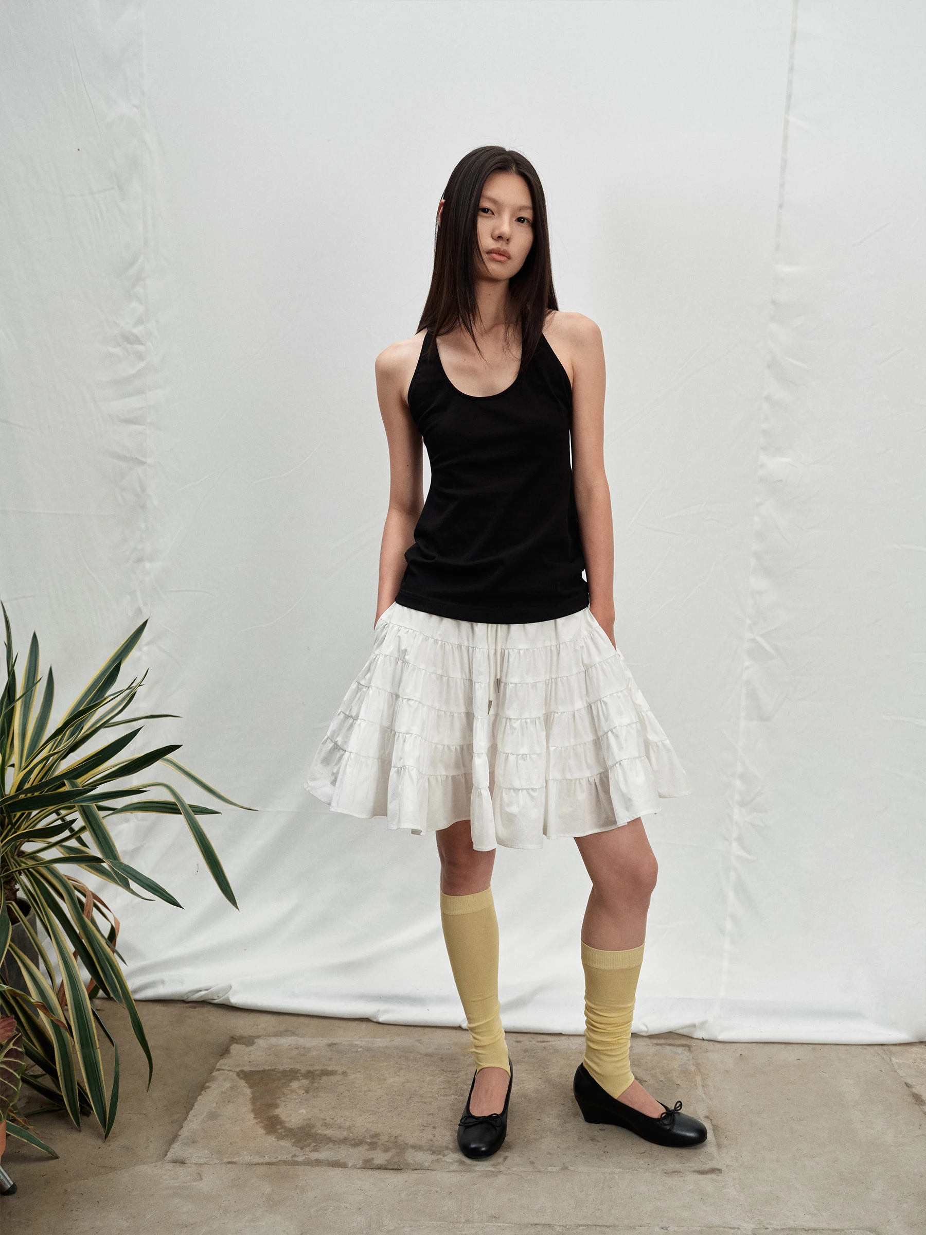 SHKUCO 100% Cotton A-Line Short Skirt with Drawstring Multi-Layered Texture Cake Design Women's Mid-Waist Loose Fit Summer Skirt