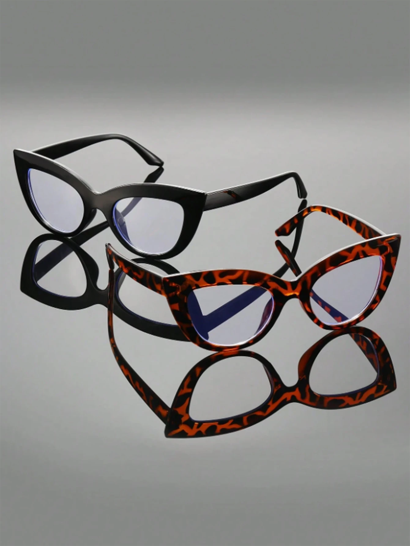2Pcs High-End Cat-Eye Women's Flat Glasses with Leopard Print Black Frame, Large Frame to Enhance Face Shape, for Daily Use