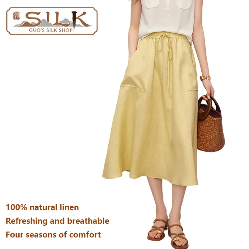 Natural Pure Linen Women's Half-Dress - Loose-Sized High-Waist A-Shape Strapped Dress - Casual and Artistic Style