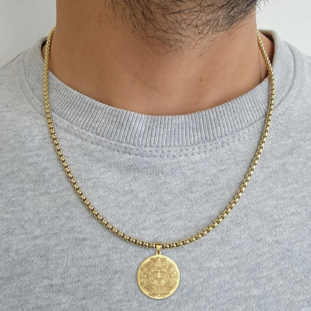 CHENGXUN Aztec Mayan Calendar Pendant Necklace for Men Boys Stainless Steel Amulets Round Coin CharmSteel Hip Hop Chains for Men