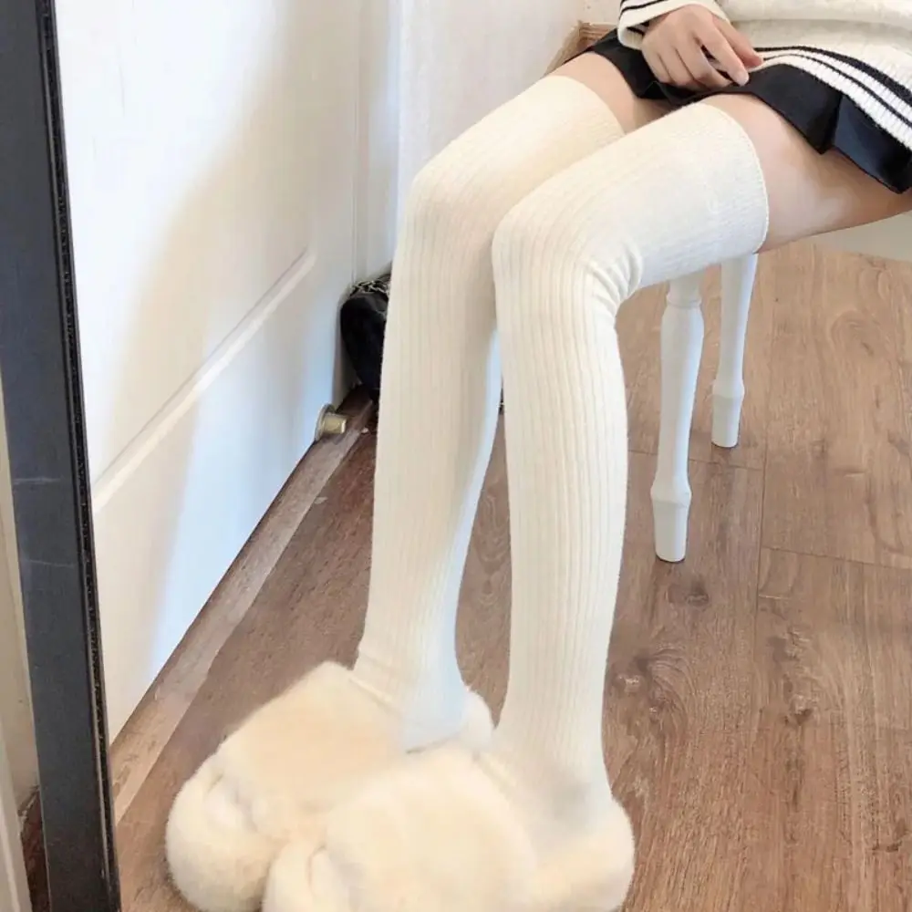 New Casual Women Long Socks Skinny Cotton Knitted Calf Socks Over Knee-High Kneepad Fluffy Long Knee Sock