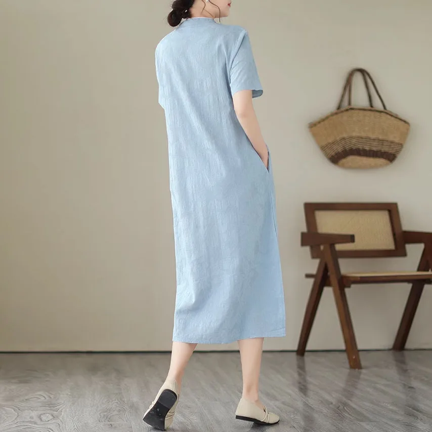 Abito estivo cheongsam in stile cinese retrò al ginocchio manica corta in cotone e lino abito tradizionale cinese per donna TS-844