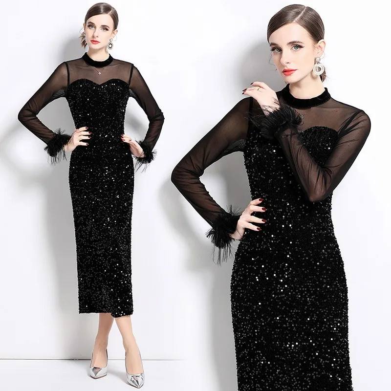 New Luxury Niche Premium Mesh Splicing Sequin Sexy Slim-fit Party Women Dress