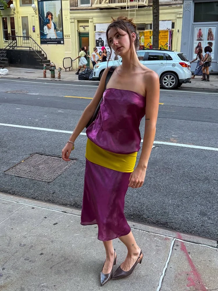 Kliou Contrast Patchwork Long Dress Woman Sexy See Through Wrap Chest Backless Silky Stain Prom Party Ruched Elegant Vestidos
