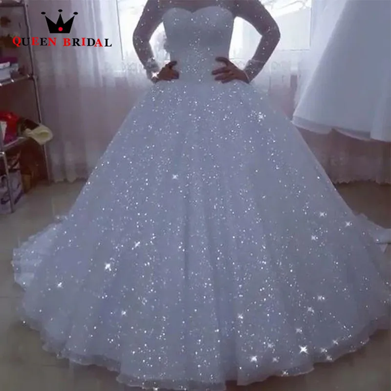 Requintados vestidos de casamento com lantejoulas, manga comprida, o-pescoço, até o chão, vestidos de noiva elegantes, personalizados, H07X, 2024