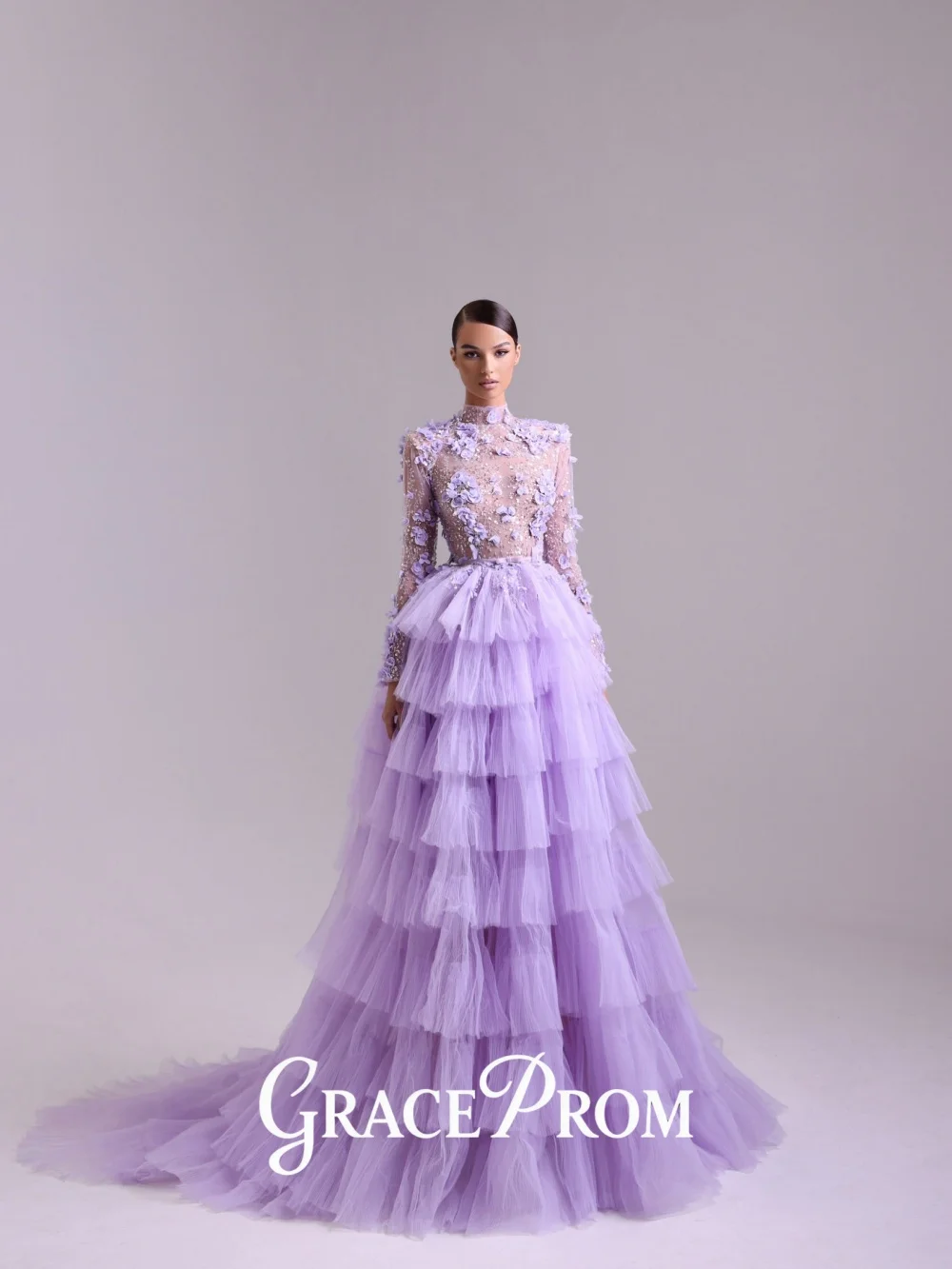 

GraceProm luxurious High Neck Evening Dress 2026 Ruffled Tulle Carpet Gown Elegant Bead Floor Length Party Gown فساتイنسه