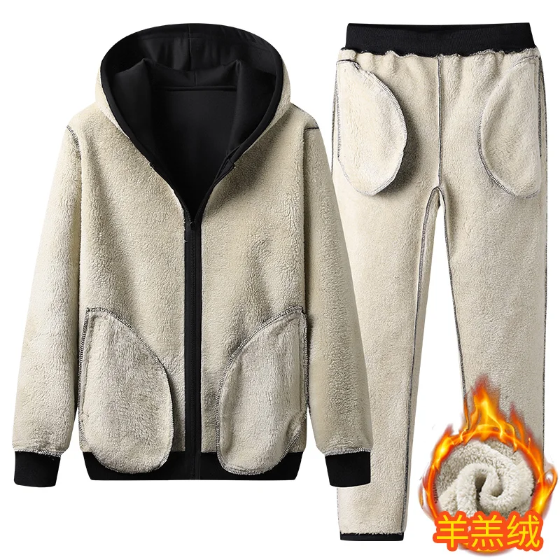 Uomini di inverno Set Caldo di Spessore Giacca Con Cappuccio + Pantaloni 2PC Set Degli Uomini di Agnello cashmere Felpe Cerniera Tuta Uomo di Sport vestito Più Il formato 6XL