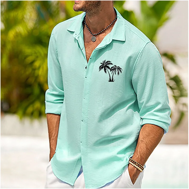 

5 Colors Men's Shirt Coconut Tree Printing Lapel Button Shirt Outdoor Street Long Sleeve Shirt Fashion Dress Designer Casual