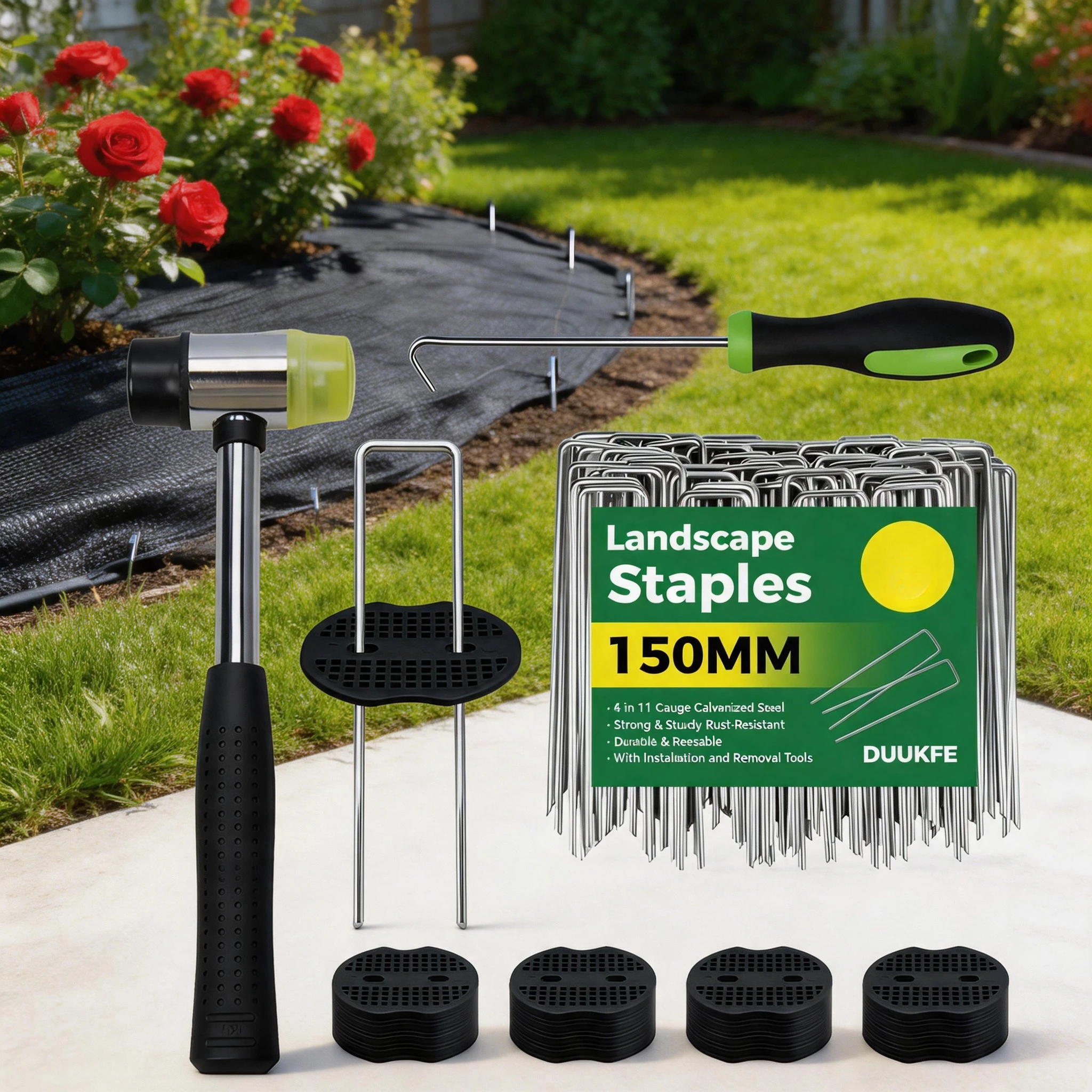 Weed Barrier Lawn Staples 6 Inch Galvanized U Shaped with Gasket Pick Hook Rubber Mallet Landscape Pins for Yard Sod Weed Mat