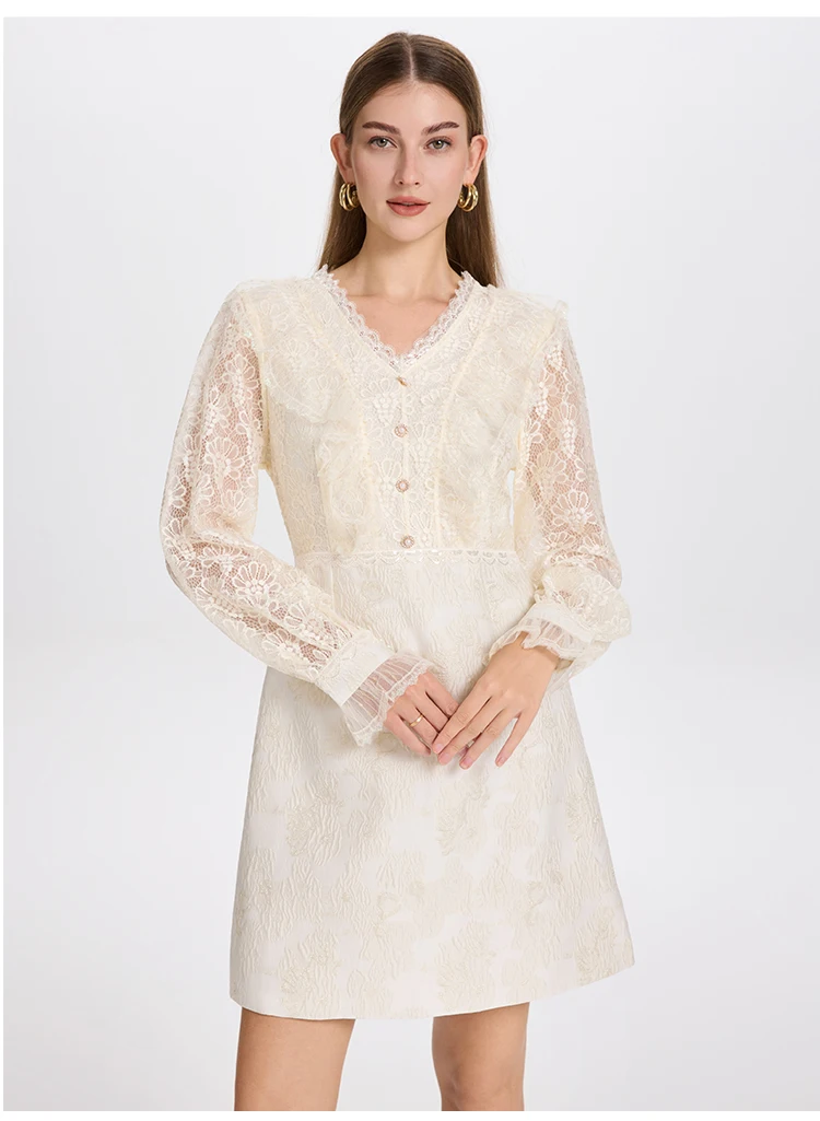 Abiti corti ricamati in pizzo francese elegante con scollo a V manica da principessa a vita alta abito da sera da festa di lusso autunnale da donna