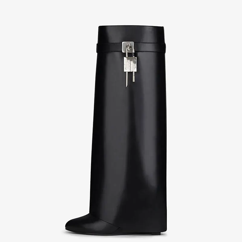 Women's round toe knee high boots, metal buckle, decoration, silver wedge high heels, new