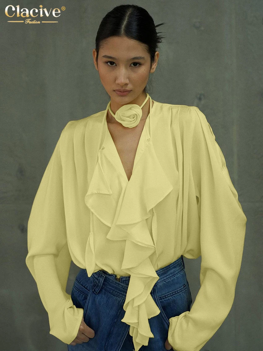

Clacive Casual Loose Yellow Women's Shirt Fashion V-Neck Long Sleeve Shirts Elegant Classic Ruffle Solid Top Female Clothing