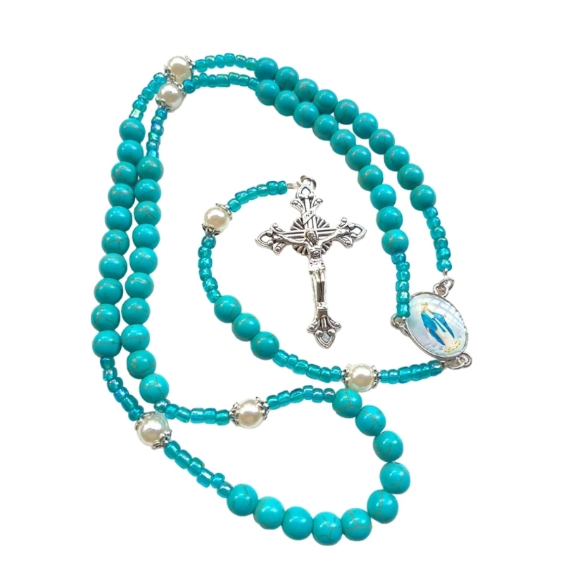 Elegant Turquoise Beaded Rosary Necklace with Metal Crosses Pendant for Prayer and Meditations Religious Baptisms Gift