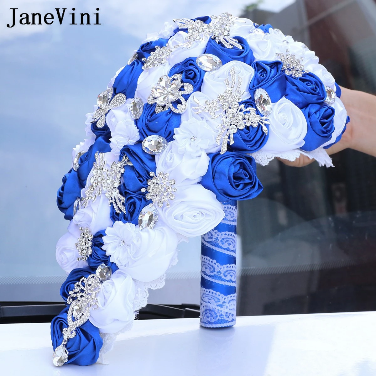 JaneVini New Silver Jewelry Cascading Bridal Bouquet Waterfall Wedding Bouquet Luxury Beaded Crystal Royal Blue and White Flower