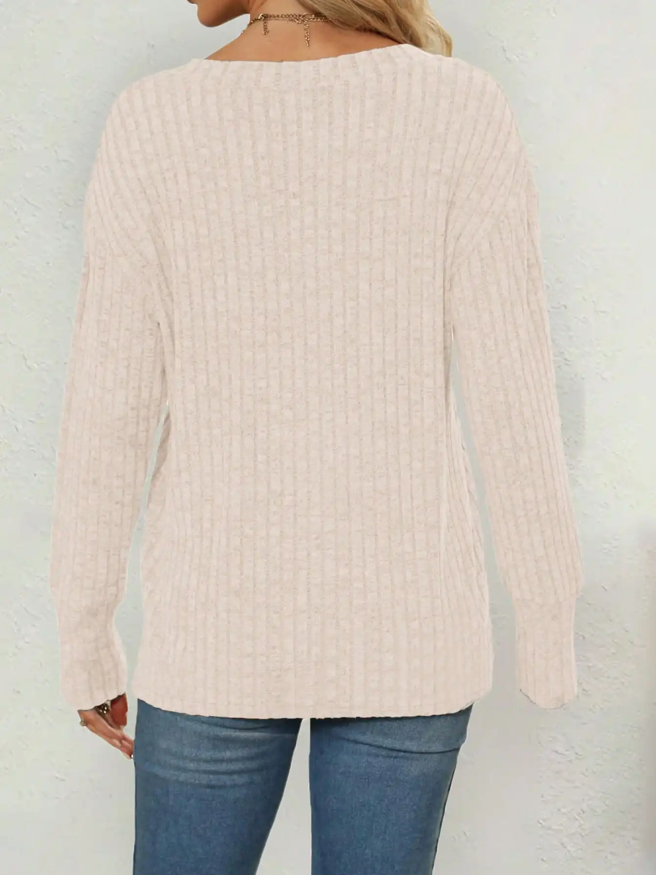 Spring Autumn Women\'s Casual Elegant Solid Color V-Neck Long Sleeve  Knitted Loose Pullover Tops T-Shirt