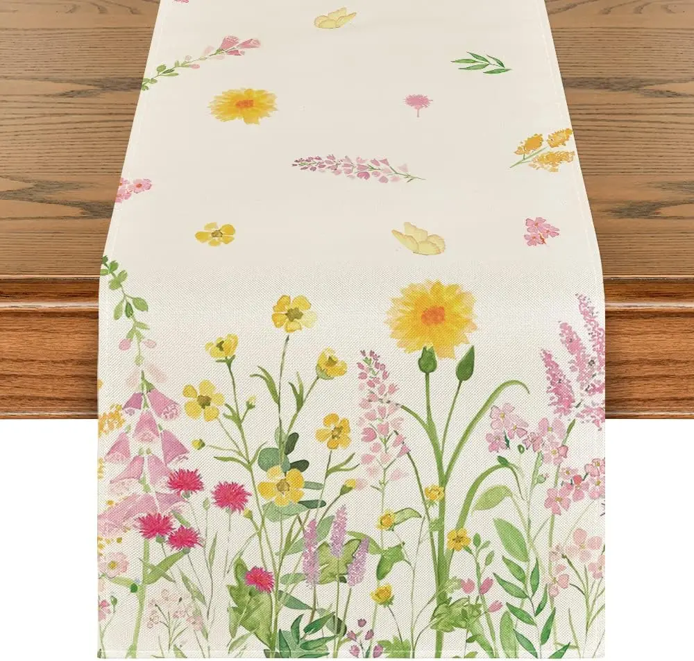 

Pink Flowers Summer Table Runner Seasonal Spring Kitchen Dining Table Decoration for Home Wedding Party Decor Table Flag