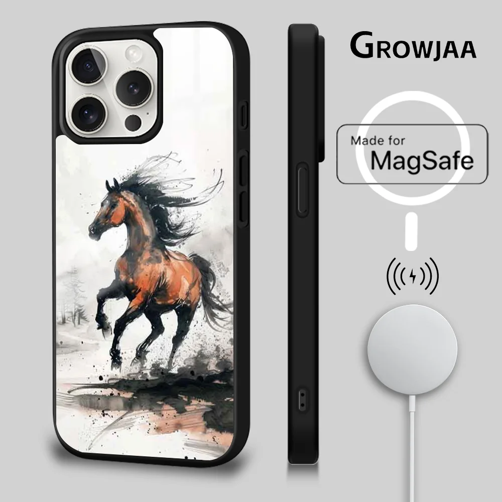 Animal Galloping Horse Phone Case For iPhone 16 15 14 13 12 11 Pro Max Plus Mini Magsafe Mirror Wireless Magnetic Cover