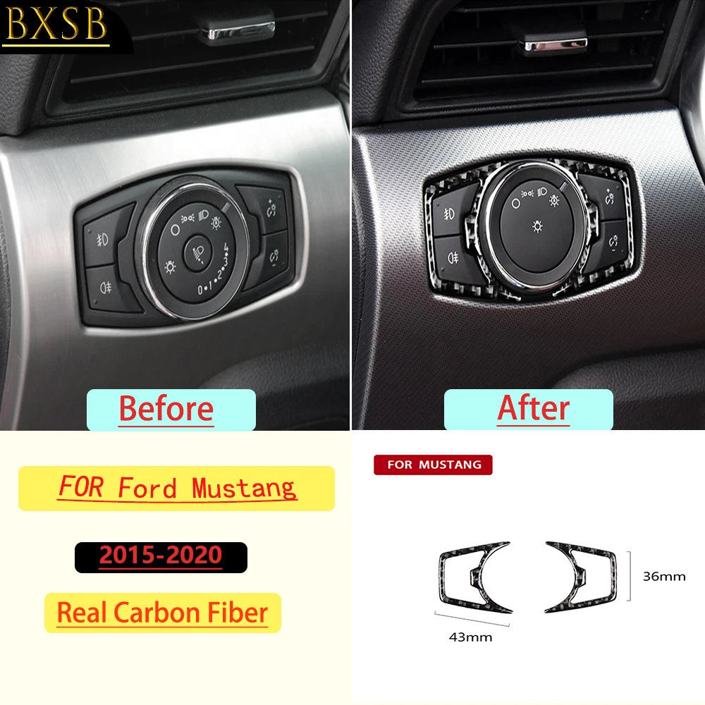 For Ford Mustang 2015-2020 Car Headlight Button Frame Trim Real Soft Carbon Fiber Interior Accessories Decoration Stickers