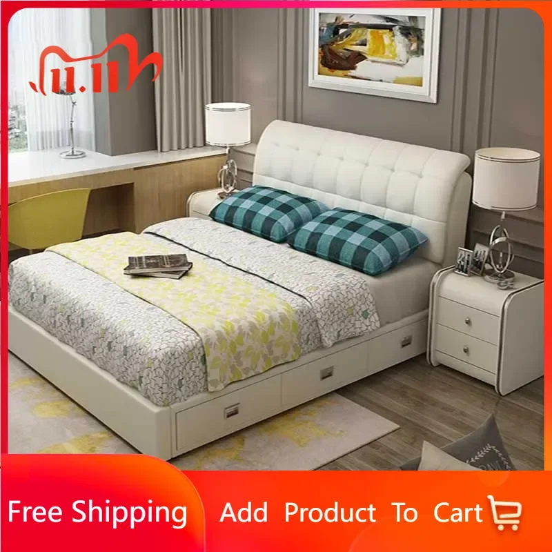 

Queen Nordic Double Bed Designer Luxury Shelves Full Size Twin Bed Frame Headboard Multifunctional Cama Box Casal Home Furniture