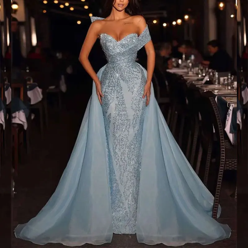 

Mermaid Evening Blue Sleeveless V Neck Beaded Lace Appliques Sequins Floor Length Celebrity Detachable Train Formal Prom Dresses