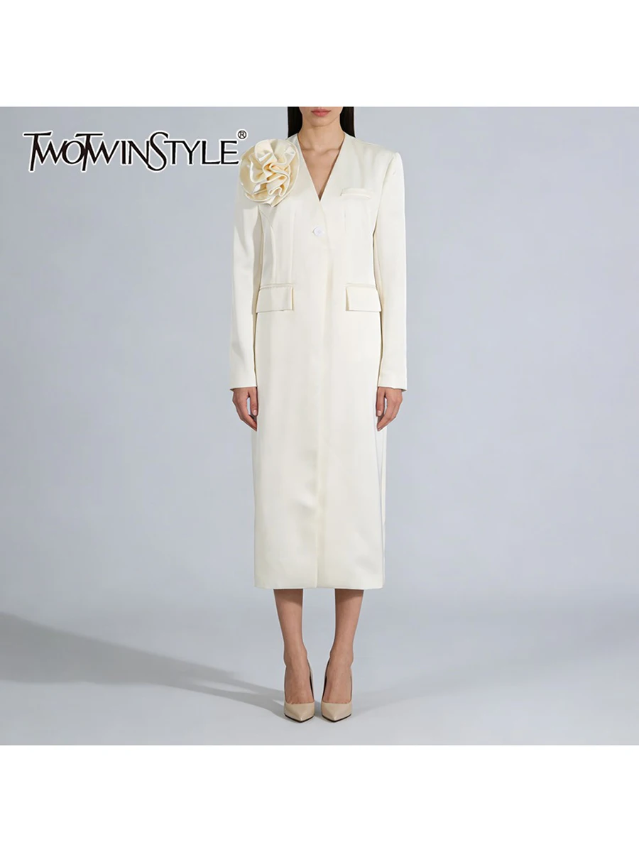 

TWOTWINSTYLE Slimming Spliced 3D Flower Minimalist Blazers for Women V Neck Long Sleeves Elegant Minimalist Blazer Female New